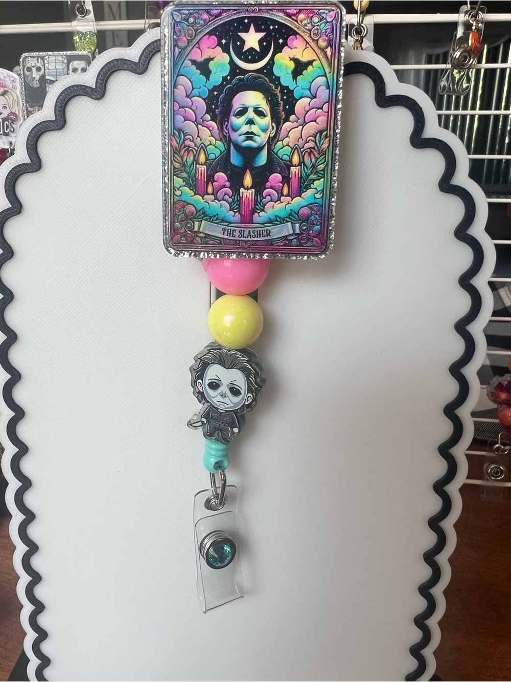 Spooky Pastel Beaded Badge Reel with Character Charm